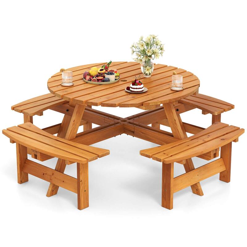 Costway 8-Person Round Picnic Table Set with 4 Built-in Benches 2" - See Details