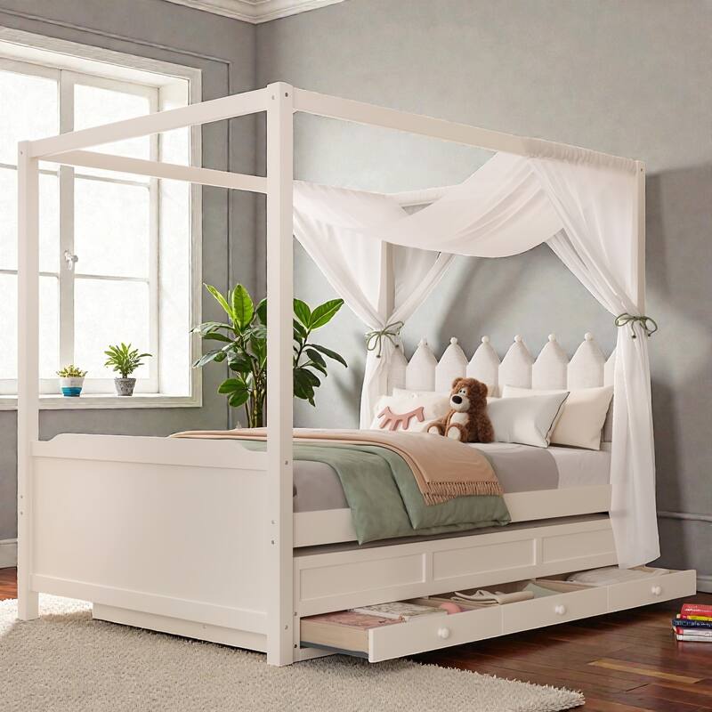 Princess Canopy Platform Bed with Upholstered Headboard, Trundle and 3 Drawers, Kids House Bed Frame with Storage - Beige - Full