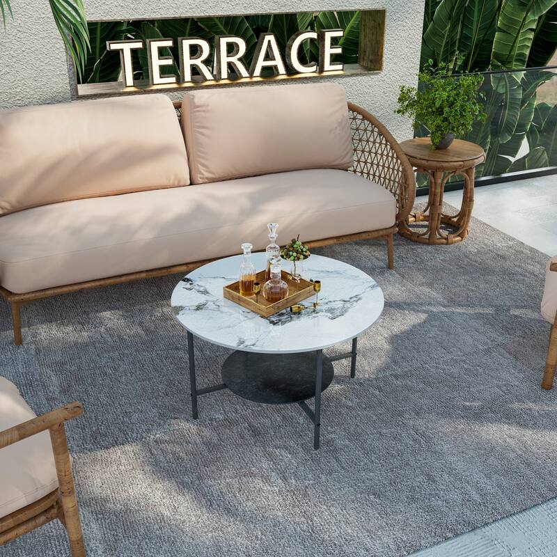 32-inch Round Coffee Table Double Layers Slate