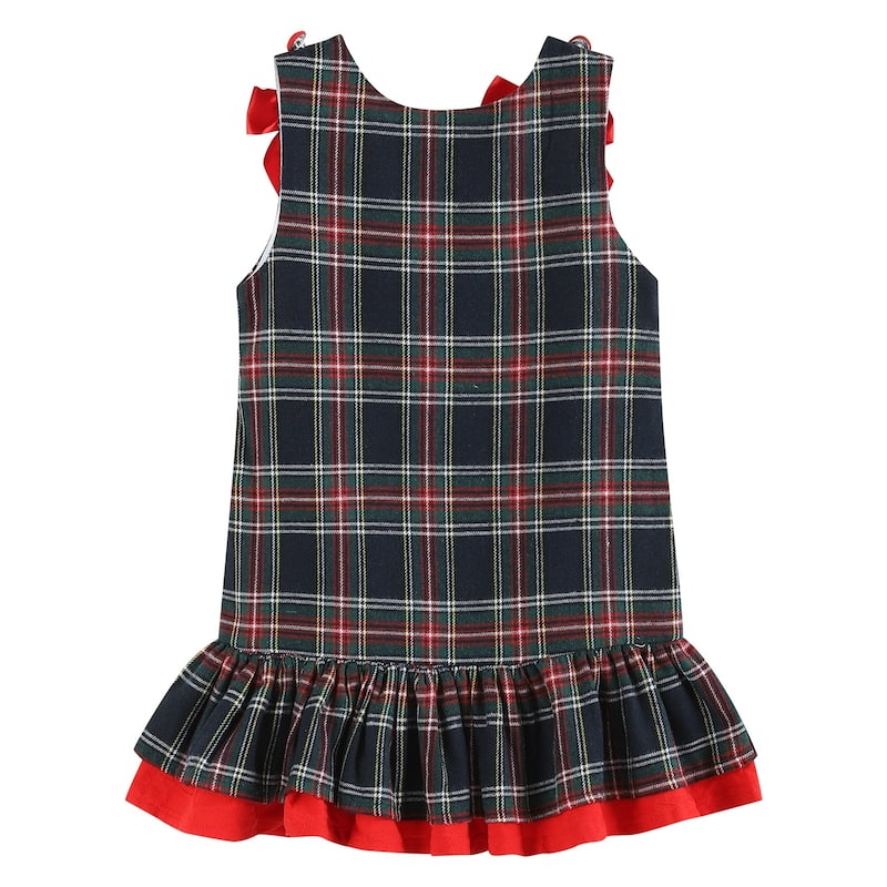 Lil Cactus Navy and Red Plaid Reindeer Ruffle Dress