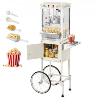 White 8oz Stainless Steel Retro Popcorn Machine Cart with Wheels - 17.3 L x 26.4 W x 52.2 H in.