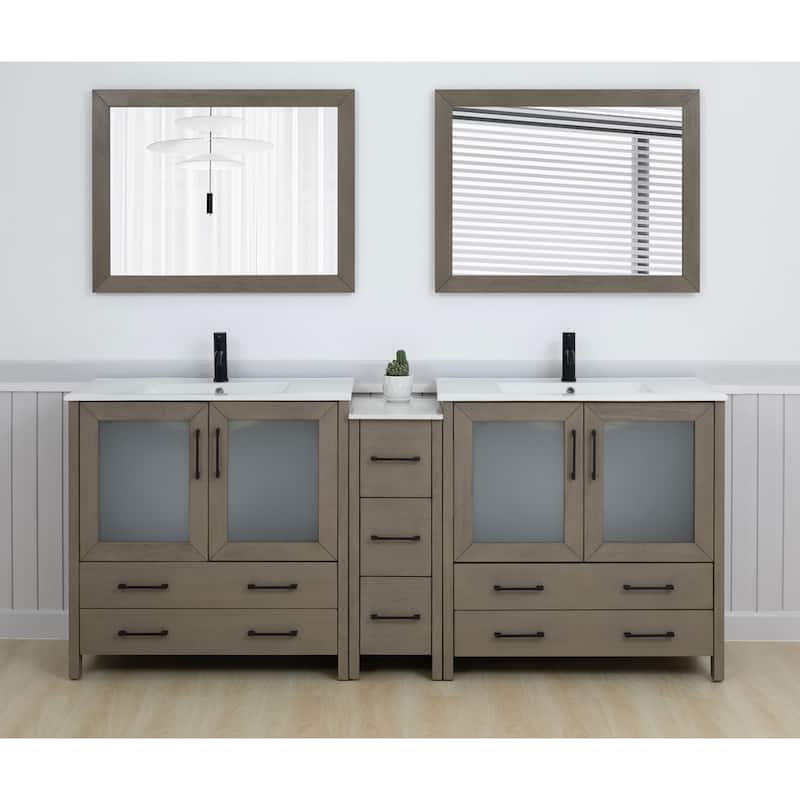 Vanity Art 84" Double Sink Bathroom Vanity Set 7 Dove-Tailed Drawers, 3 Cabinets, 2 Shelves, Soft-Closing Doors with Free Mirror