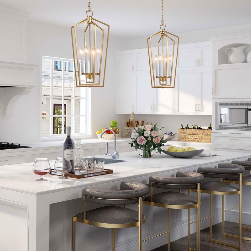 Mid-century Modern 4-light Large Lantern Pendant Island Lights Geomectric Fixtures - Metallic - W14"xH28.3"