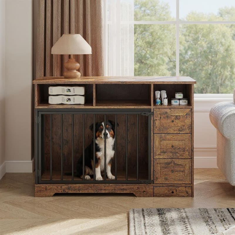 48" Farmhouse Dog Crate Furniture, with Bowl and Storage Drawers - Brown