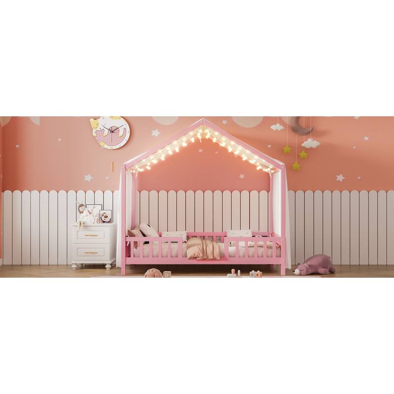 House-Shaped Twin Bed with Canopy and Railings for Kids, Pink Wooden Toddler Bed Frame