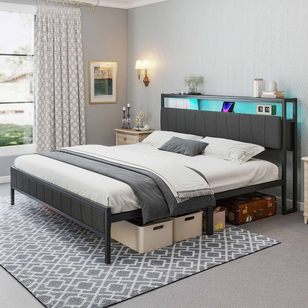 Storage Upholstered Platform Bed with LED Lighting Included and Built In USB Port