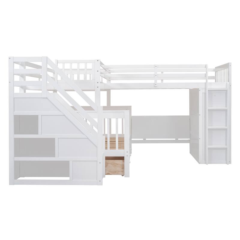 Roomfitters Twin-Twin Over Full L-Shaped Bunk Bed with Desk, Wardrobe and Storage Drawers, Multi-Bed Design