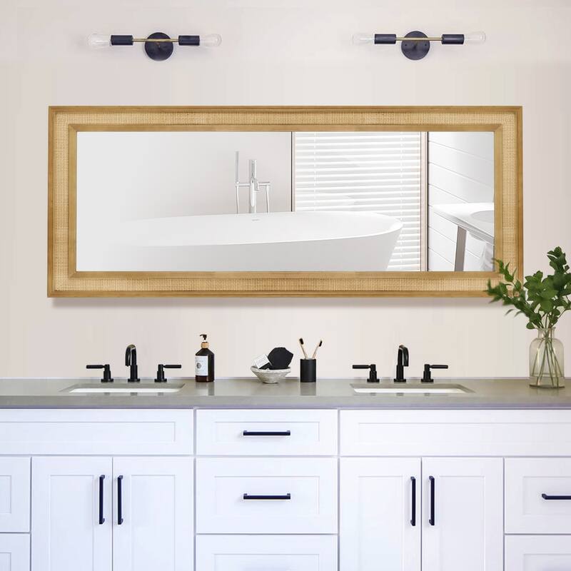 WallBeyond Wooden Framed Rattan Farmhouse Style Rectangle Wall Mirror