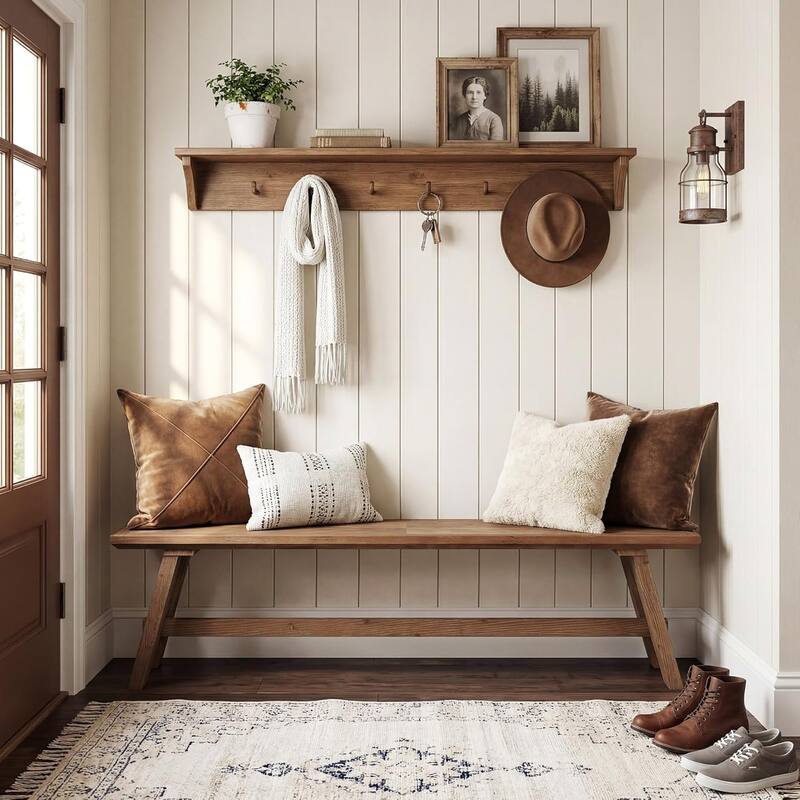 Solid Wood End Table, Modern C-Shaped Side Table with 2-Tier Storage, Minimal Rustic Couch Bedside Table Nightstand