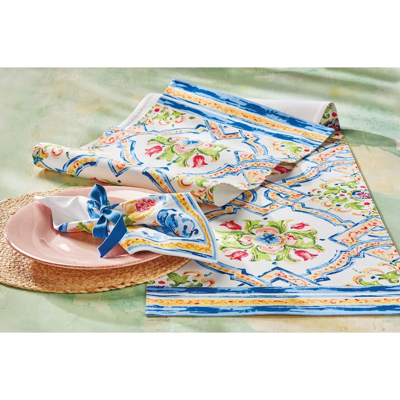 14.5" x 72" Capri Table Runner Hand Screen Printed Cotton With White Backing J-Hook Table Home Decor