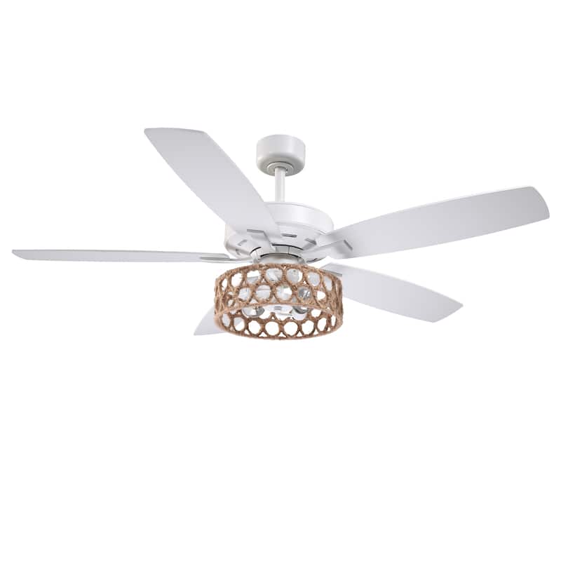 52" Bohemian White 5-Blade Natural Jute Ceiling Fan with Light Kit and Remote
