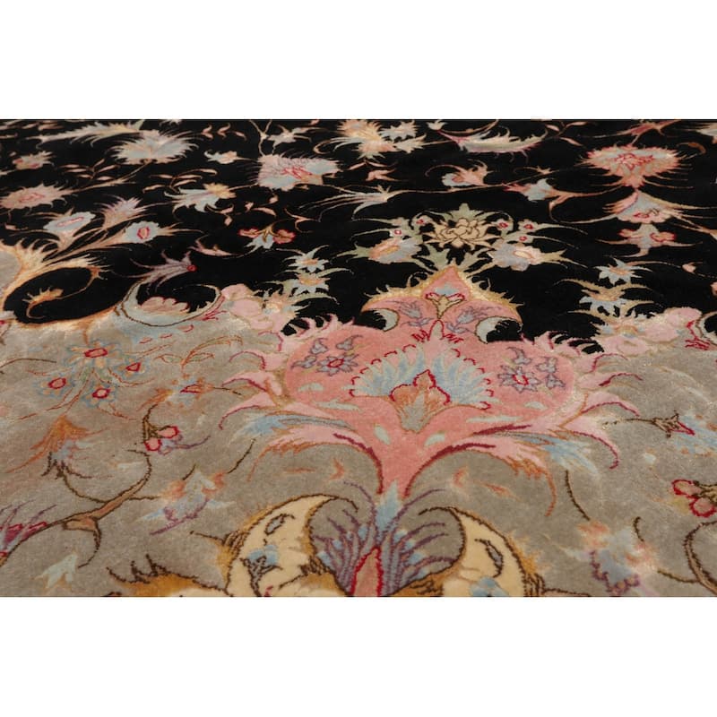 Hand Knotted Tabriz Black Persian Wool & Silk Traditional Area Rug - 11' 6'' x 16' 10''