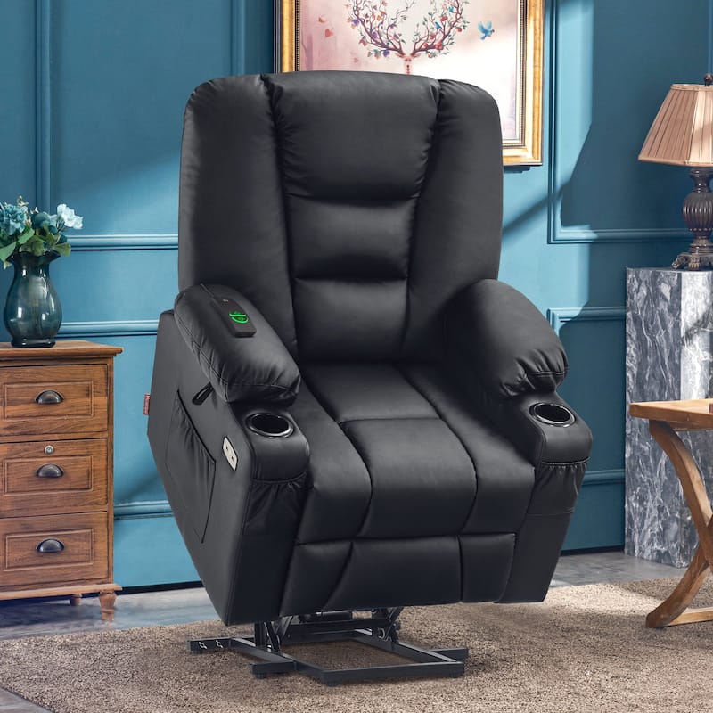 MCombo Power Lift Recliner Chair with Massage and Heat for Elderly, Extended Footrest, USB Ports, Faux Leather(Medium) - Black