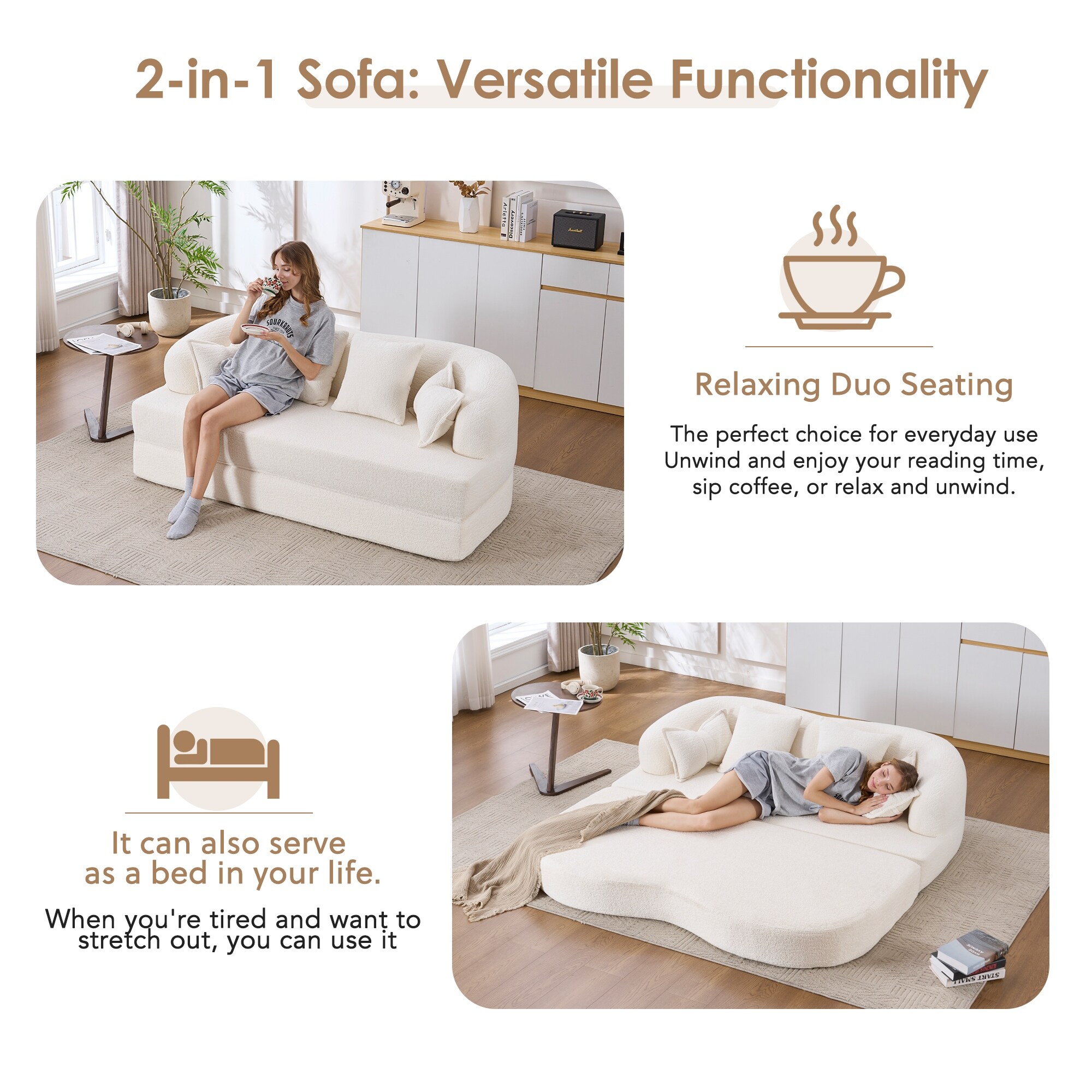 Modern 2-in-1 2-Seater Sofa Foldable Sofa Bed with 4 Pillows