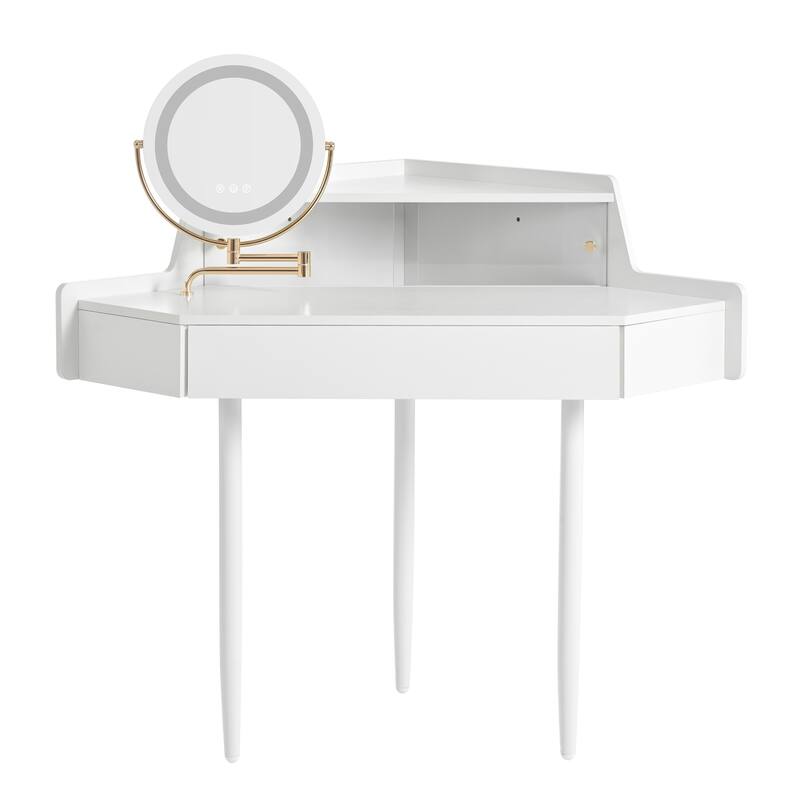 Modern Corner Makeup Vanity Desk with Large Storage, LED Mirror & Stool, Brightness Adjustable, Space-Saving