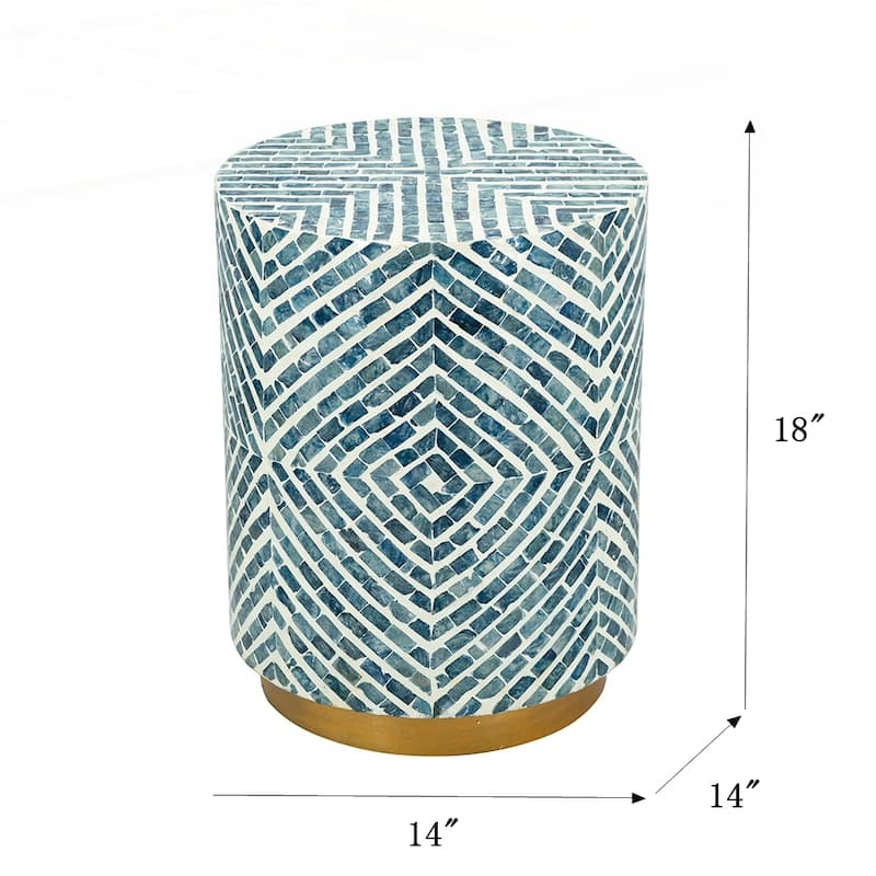 Round Accent Stool with Blue and White Capiz Design