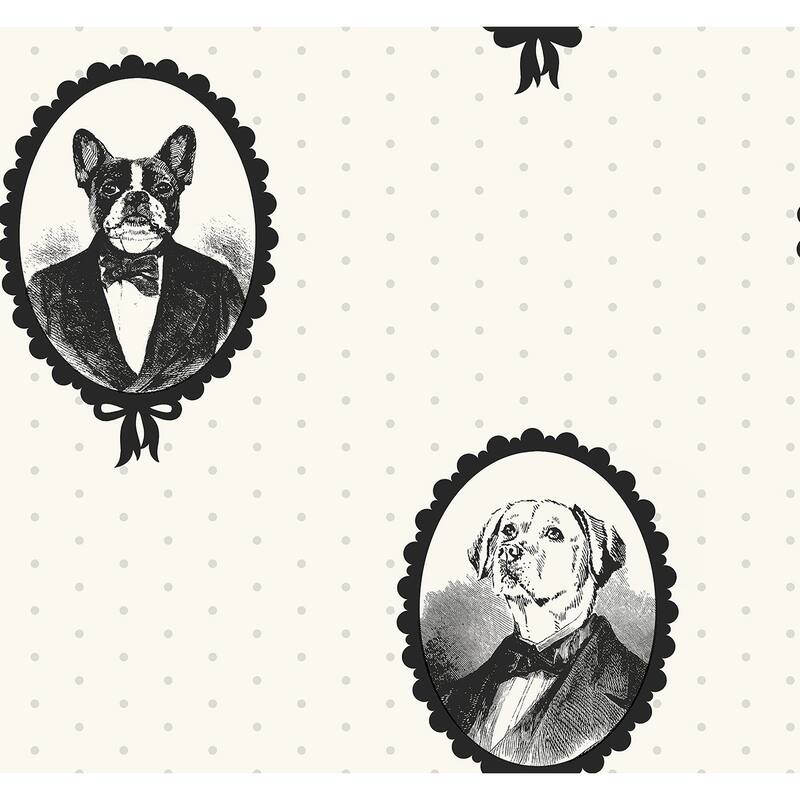 Seabrook Designs Dixie Dog Cameos Unpasted Wallpaper - 27 in. W x 27 ft. L - Cream & Metallic Silver