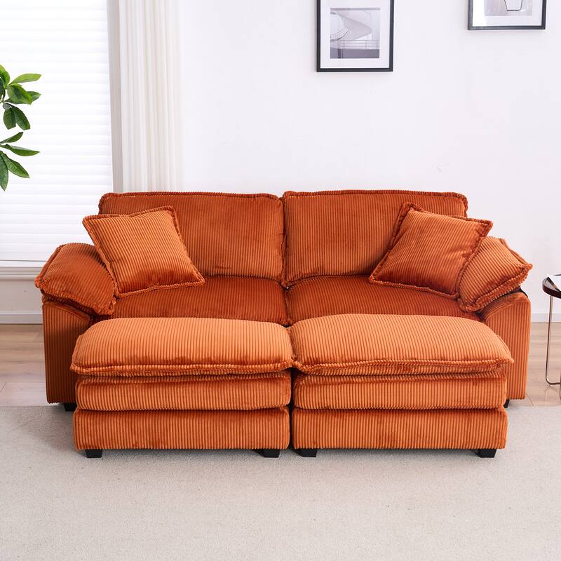 84.6" Corduroy 2-seats sofa With 2 back pillows,2 toss pillows and two ottoman