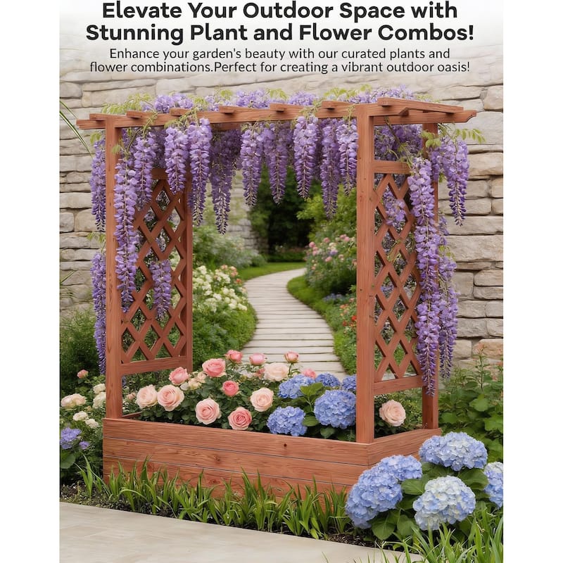 Raised Wooden Planter Box, with Trellis and Drainage Holes