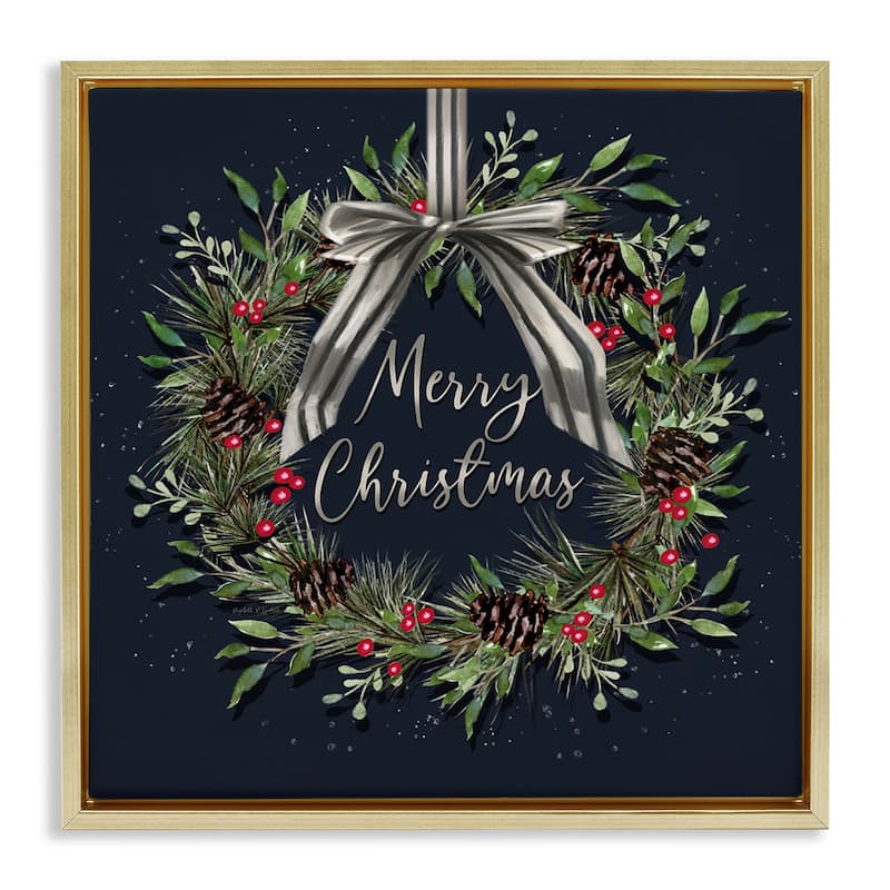 Stupell Hanging Christmas Wreath with Bow Framed Floater Canvas Wall Art Design By Elizabeth Tyndall - 25 x 25 - Gold