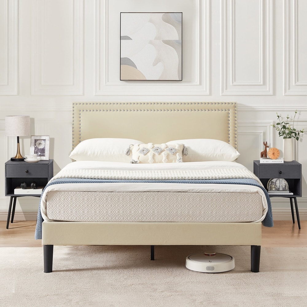 VECELO 3-Pieces Upholstered Platform Bed Frame with Adjustable Headboard and Nightstands Set of 2, Beige