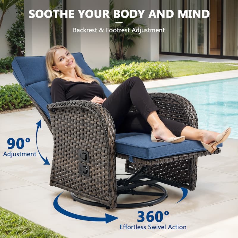 Meyreso 2-Piece Wicker Swivel Reclining Chaise Lounge with Adjustable Backrest & Footrest