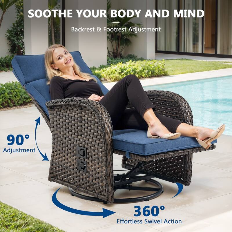 Meyreso 3-Piece Wicker Swivel Reclining Chaise Lounge with Adjustable Backrest & Footrest