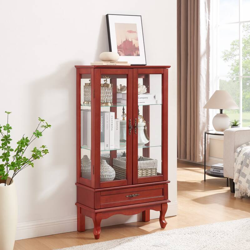 Lighted Glass Curio Display Cabinet with 1 Drawer and Bulb