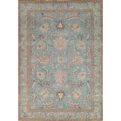 All-Over Blue Floral Tabriz Persian Area Rug Hand-Knotted Wool Carpet - 6'9"x 9'8"