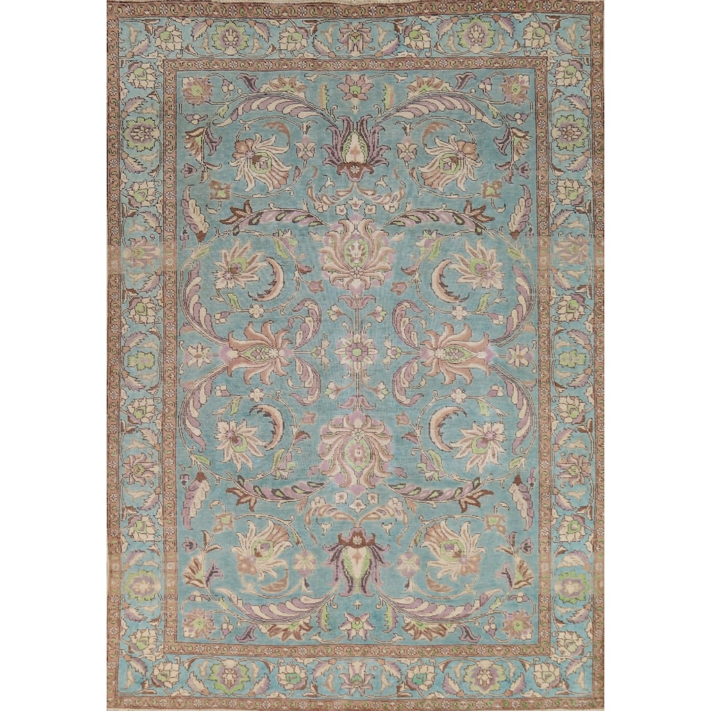 All-Over Blue Floral Tabriz Persian Area Rug Hand-Knotted Wool Carpet - 6'9"x 9'8"