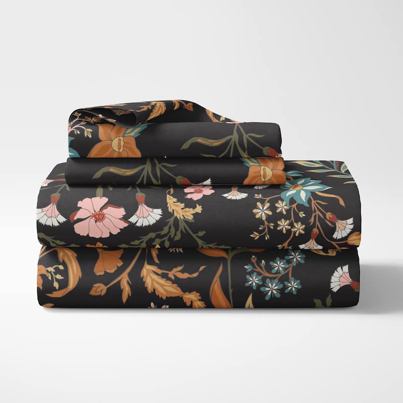 Sweet Jojo Designs Boho Wildflower Vintage Floral Girl 4p Queen Sheet Set Black Orange Teal Bohemian Farmhouse Cottagecore Leaf