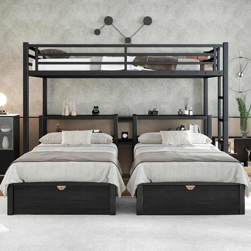 Full XL Over Twin & Twin Triple Bunk Bed - Metal Frame with Storage Drawers, Shelving Headboard & USB Ports