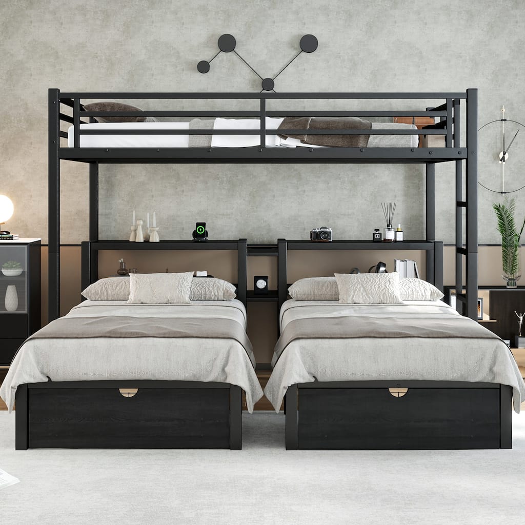 Heavy Duty Metal Triple Bunk Bed Frame with USB, Full XL over Twin & Twin Metal Storage Bunk Bed with 2 Drawers and Shelves