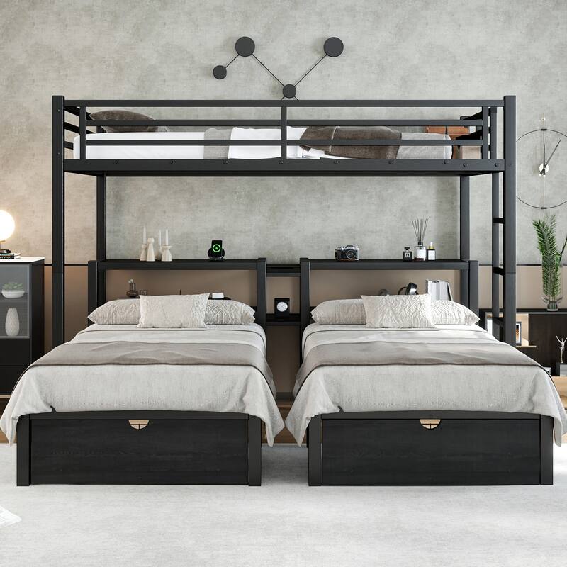 Roomfitters Full XL over Twin & Twin Metal Triple Bunk Bed with Drawers, Headboard Shelves & USB Ports, Black