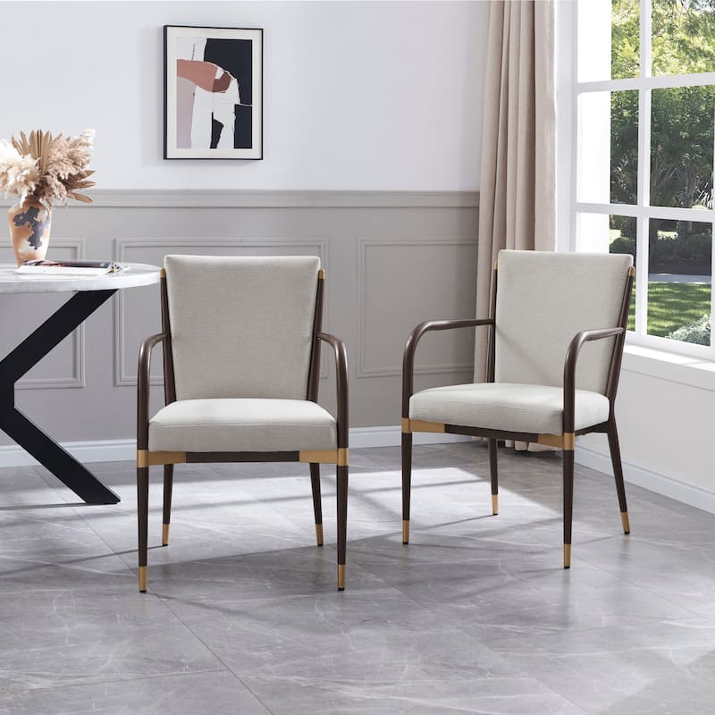 Christopher Knight Home - Modern Upholstered Metal Base Dining Armchair with Solid Back (Set of 2) - Brown+Beige