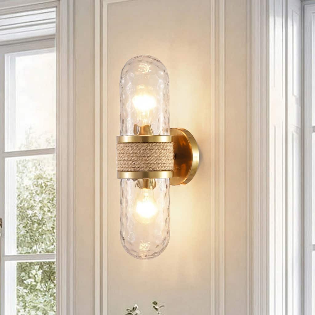 Modern Gold 2-Light Glass Rattan Jute Rope Bathroom Vanity Light Fixture