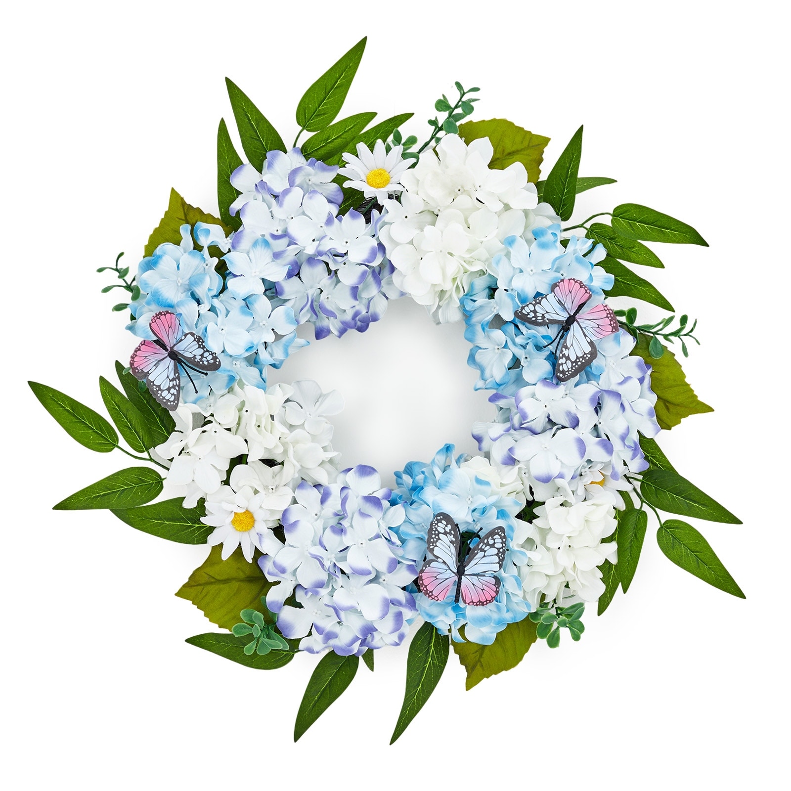 20" Hydrangeas Floral Wreath with Butterfly, Artificial Blue White Spring Wreaths for Front Door