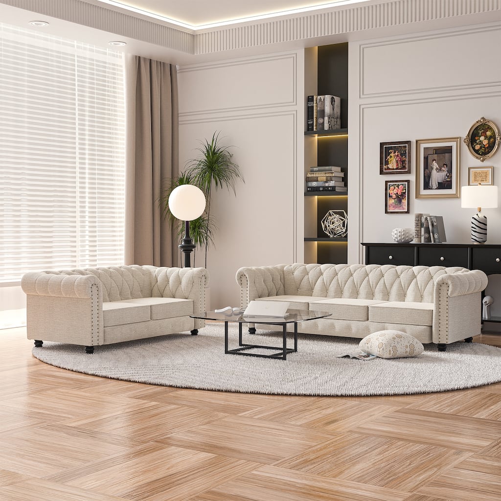 Morden Fort 2 Pieces Chesterfield Set Tufted Upholstered Loveseat Sofa Set for Living Room, Linen