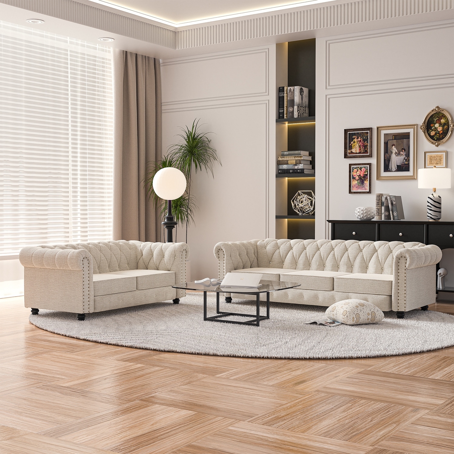 Morden Fort 2 Pieces Chesterfield Set Tufted Upholstered Loveseat Sofa Set for Living Room, Linen