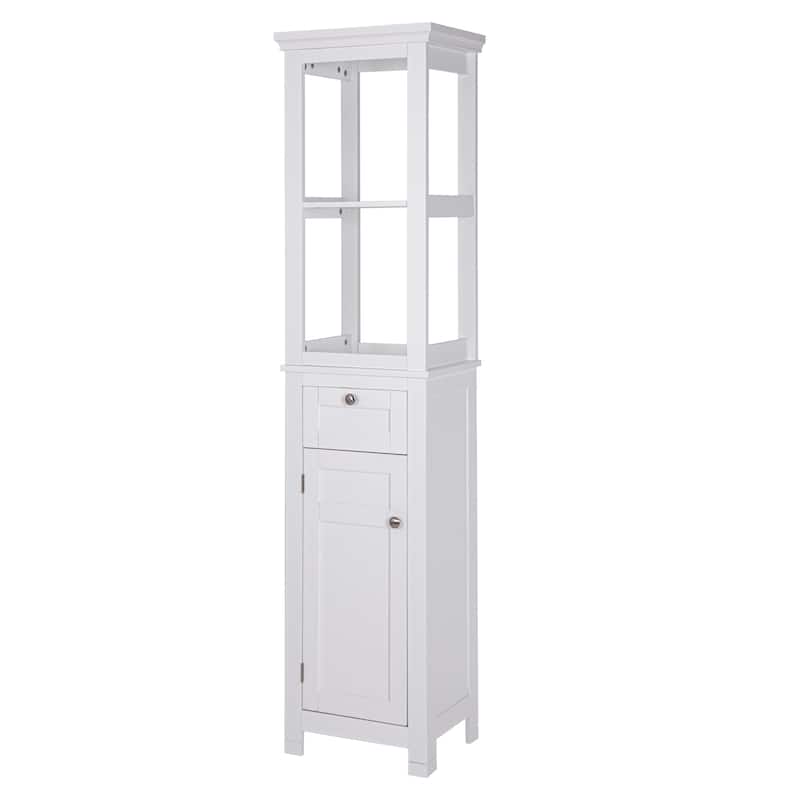 COSTARS Home Bathroom Freestanding Storage Cabinet with Two Tier Open Shelves, Tall Slim Tower with Door and Drawer