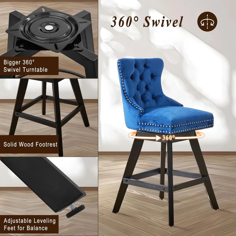 Velvet Wing-Back Tufted Nailhead Upholstered Bar Stools (Set of 4)