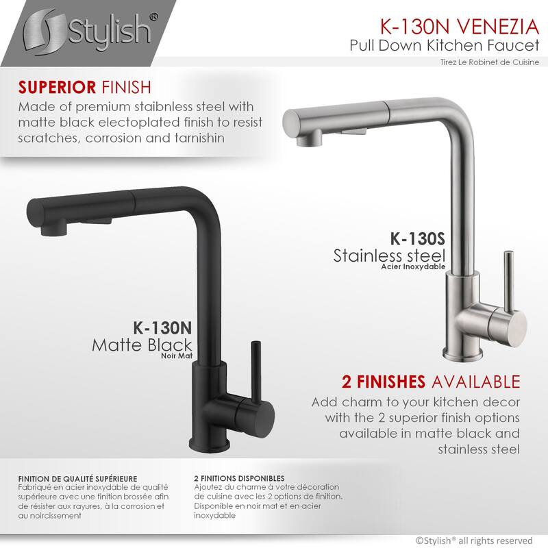 STYLISH Kitchen Sink Faucet Single Handle Pull Down Dual Mode in Stainless Steel - Faucet Height: 12 5/8" | Spout Height: 11"