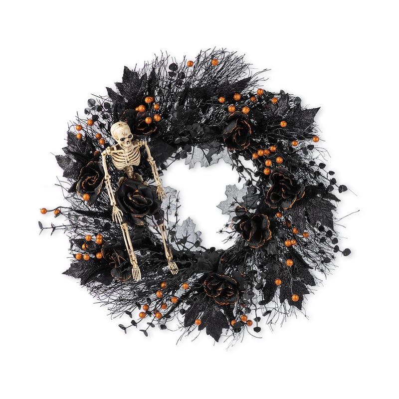 Glitzhome Halloween Black Rose Skeleton & Berry Wreath or Swag with Metal Wreath Hanger