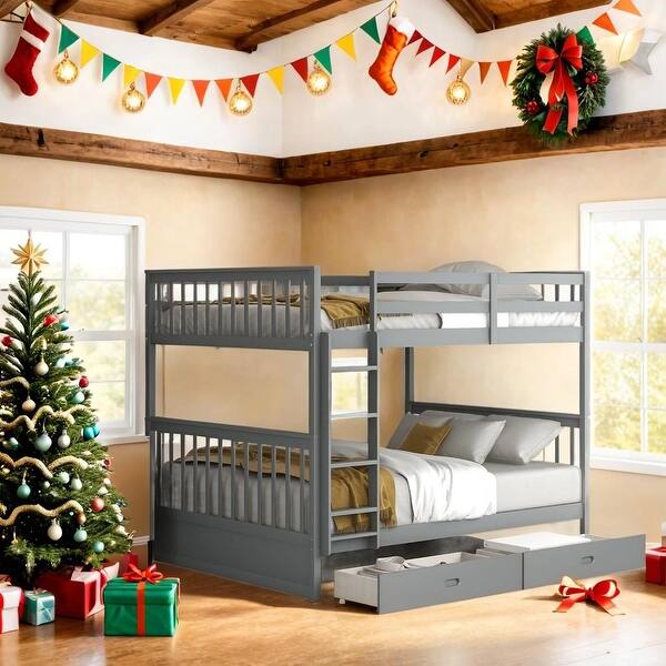 slide 2 of 14, Full-Over-Full Bunk Bed with Ladders and Two Storage Drawers,Multi-Functional Wooden Children's Bunk Bed Gray