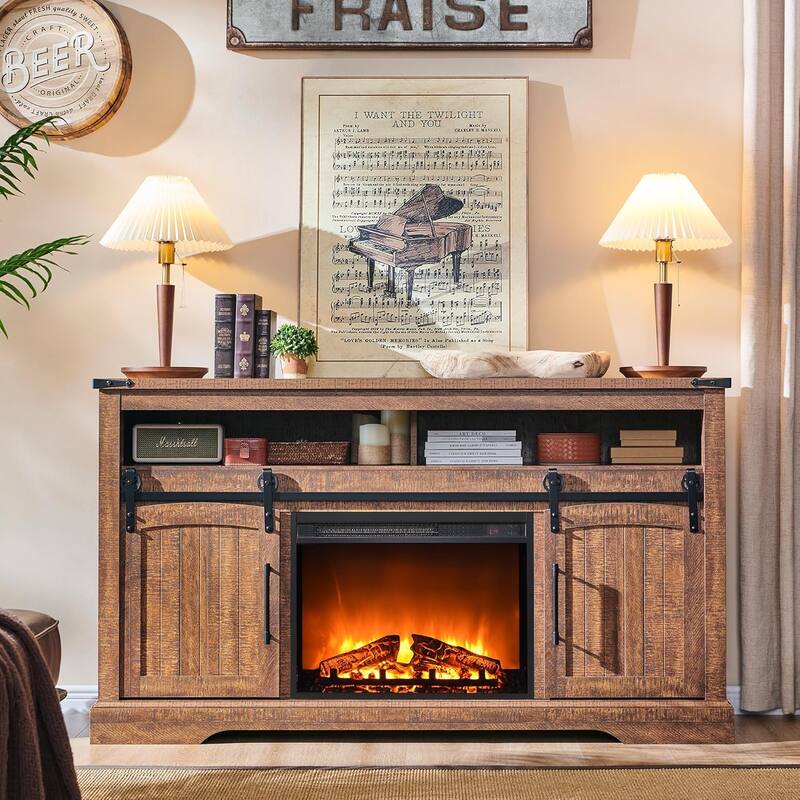Farmhouse Fireplace TV Stand, Entertainment Center w/ Arched Door