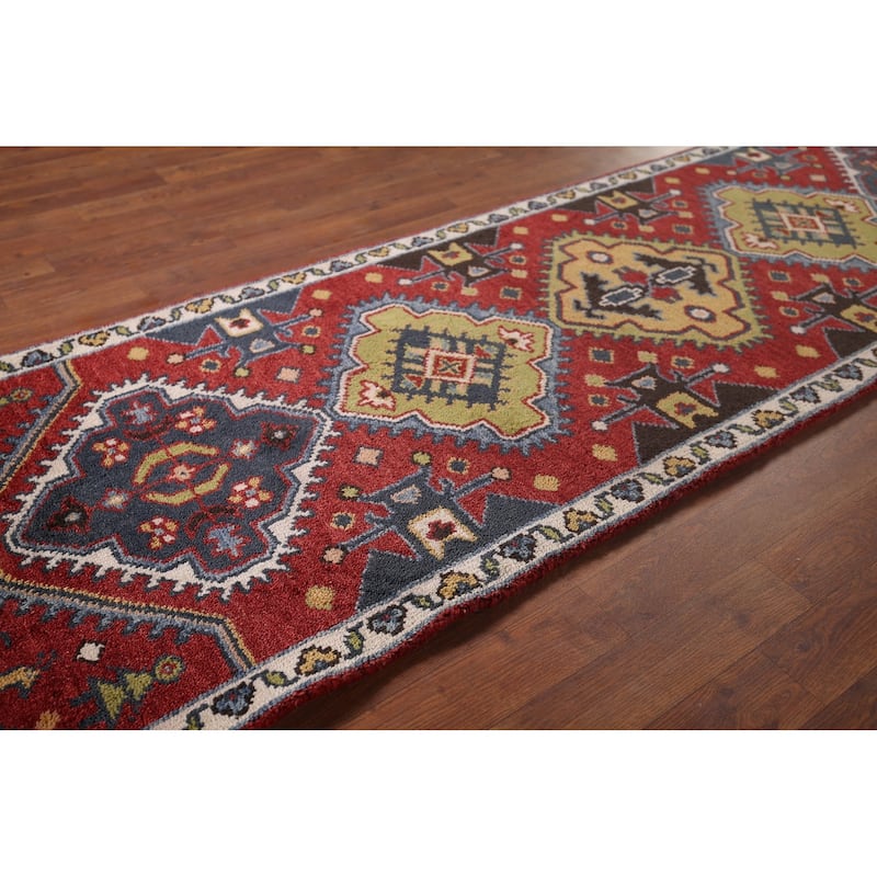 Red Geometric Kazak Oriental Runner Rug Hand-Knotted Wool Carpet - 2'7"x 8'1"