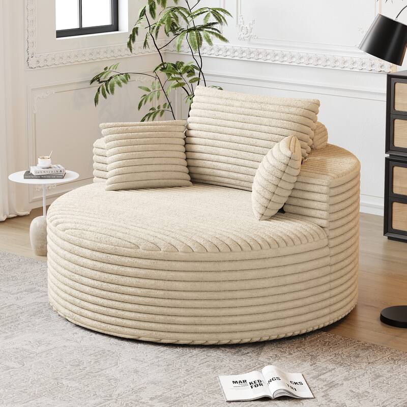 Corduroy Upholstered Single Sofa, Oversized Fluffy Sleeper Chair, Round Reading Chair with Headrest & 2 Pillow