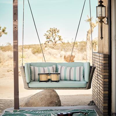 Poolside Gossip Collection, Sally Loveseat Swing, Aqua Haze Cushion, Light Taupe Wicker
