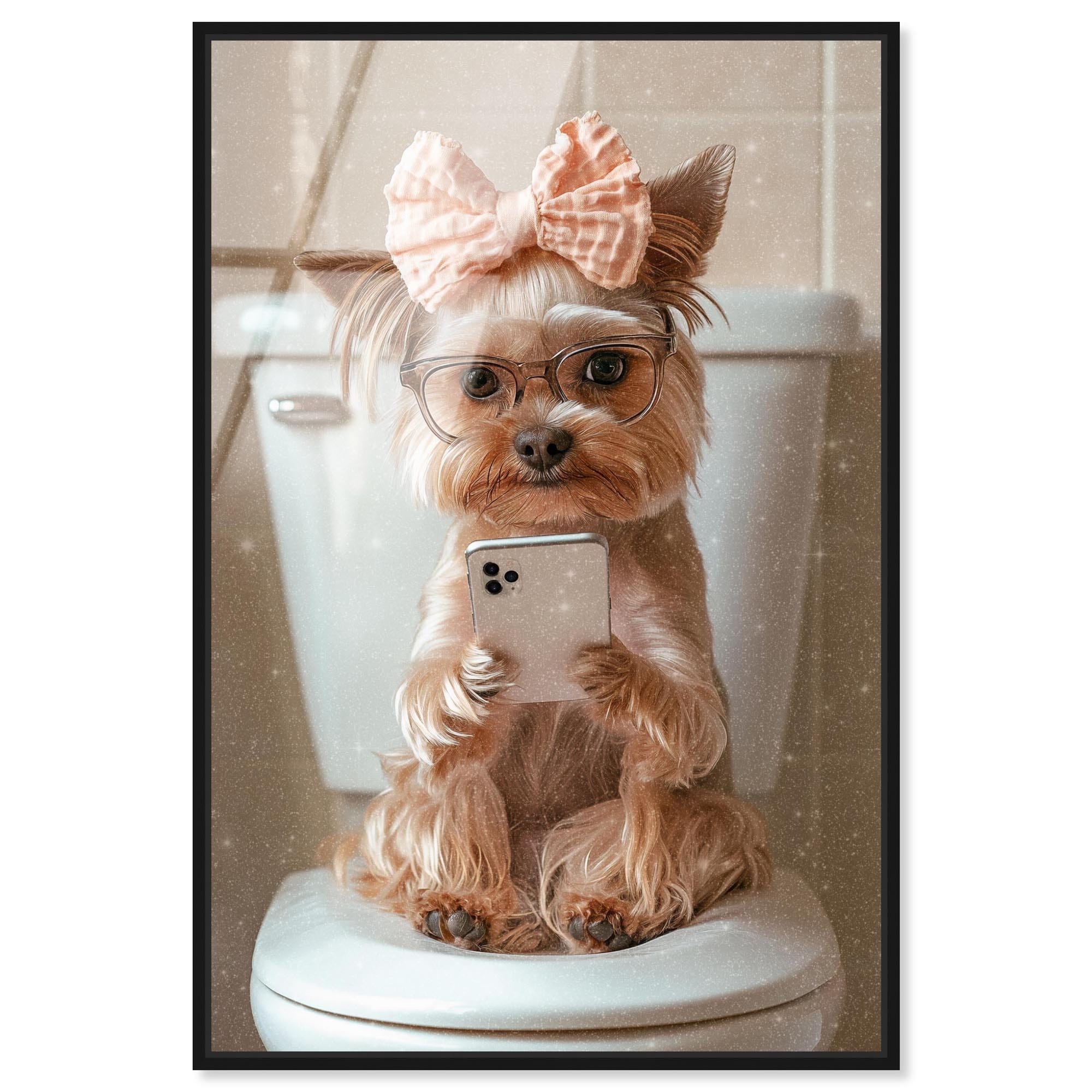 Cute Yorkie Toilet Glam Framed Acrylic Wall Art by Art Remedy