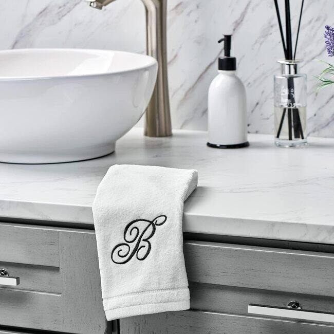 Creative Scents White Monogrammed Initial Fingertip Towels with Black Embroidery